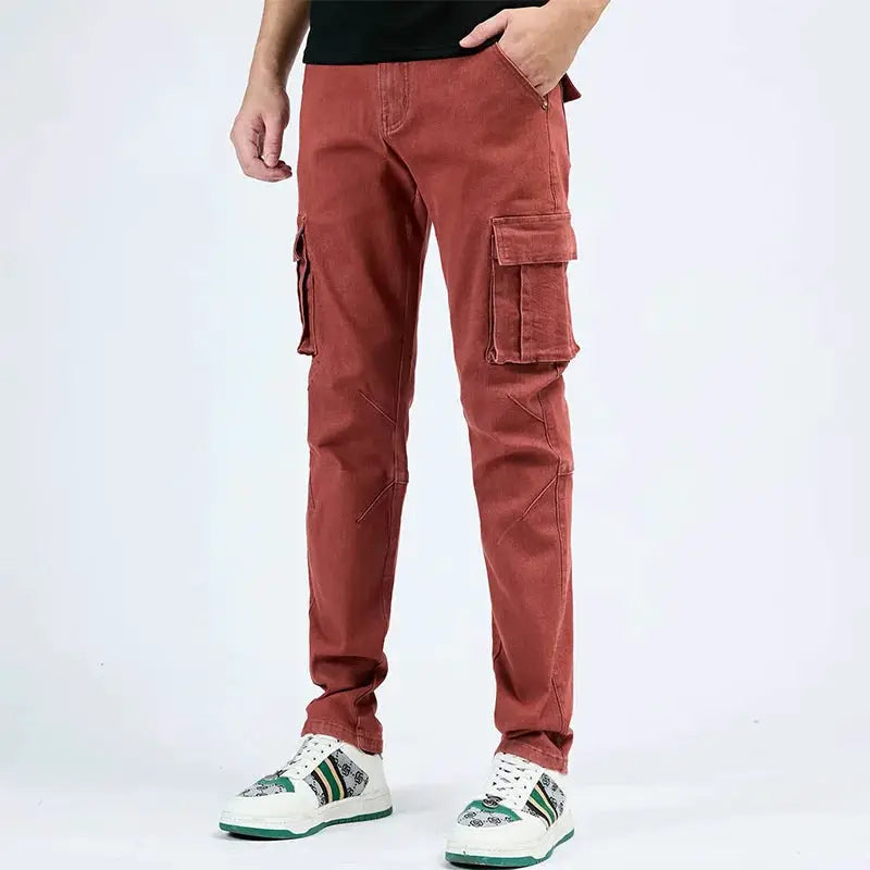 Simples Market men's cargo denim pants, elastic waist, washed red, slim fit with multiple pockets