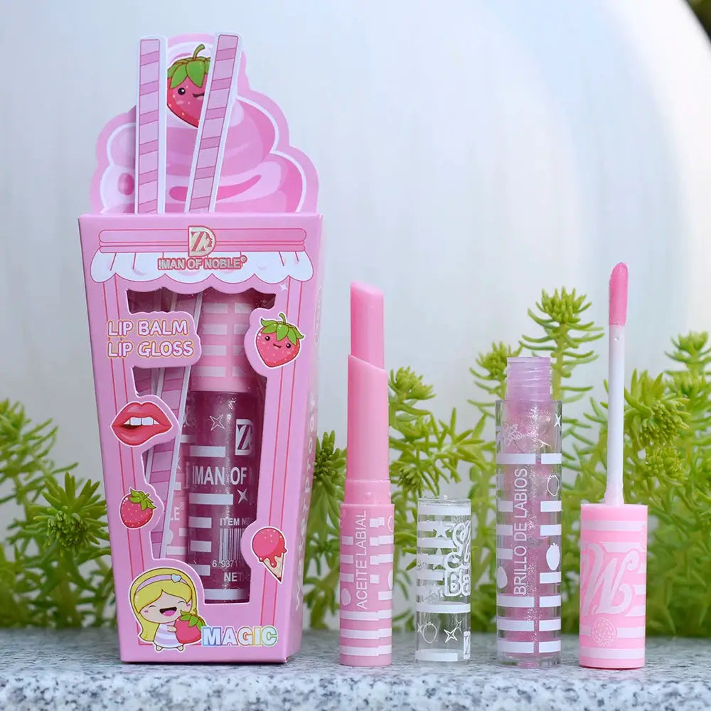 Cute Ice Cream Lip Gloss And Lip Balm Set Waterproof Long Lasting Natural Moisturizing Lips