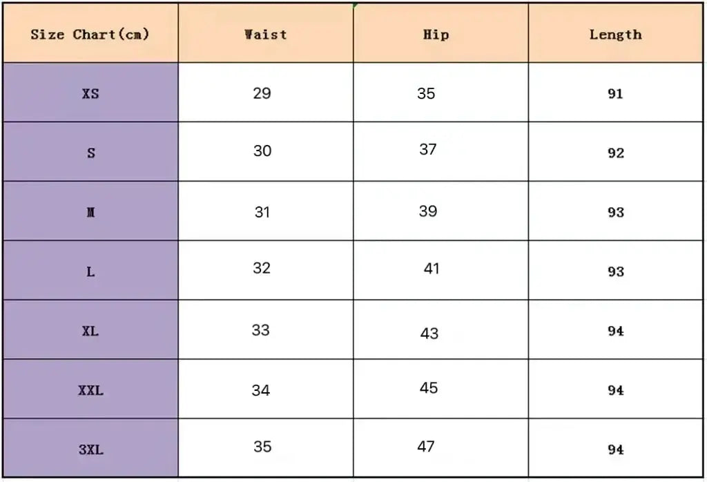 Simples Market women's high waist bubble leggings size chart showing waist, hip, and length for sizes XS–3XL
