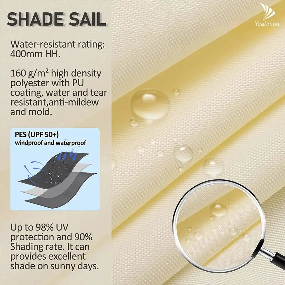 Shade sail canopy fabric in beige; Yeahmart logo visible, PU-coated polyester, waterproof with UV protection.