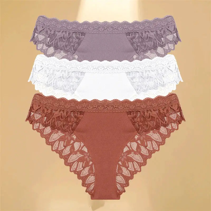 Underwear set: FINETOO lace hollow-out low-rise briefs, 3-pcs in purple, white and brown.