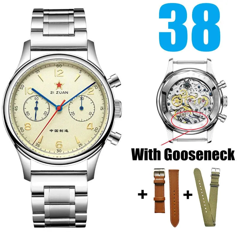 Red Star 38mm men's chronograph watch with stainless bracelet and beige dial; ST1901 movement, includes three straps.