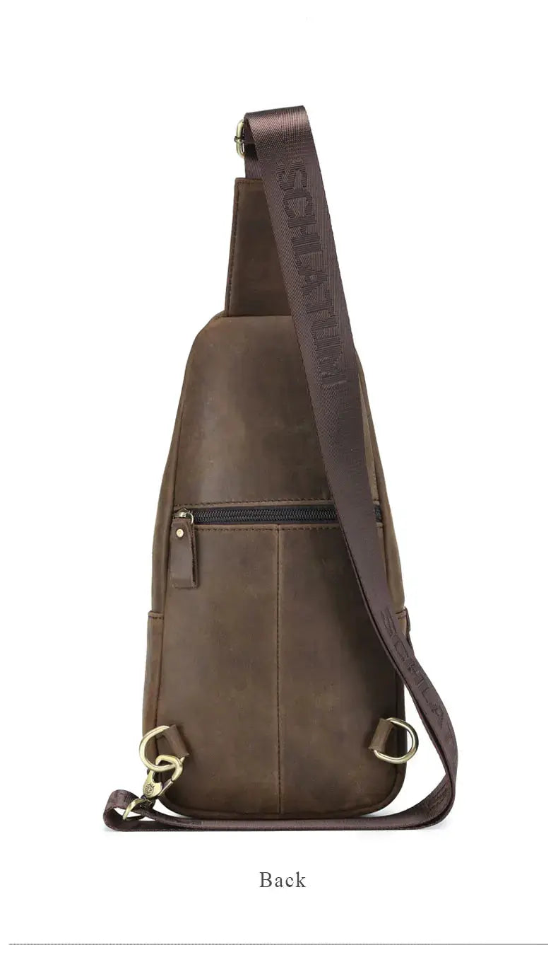 Schlatum genuine leather chest bag with crossbody strap, brown distressed finish, back zip pocket.