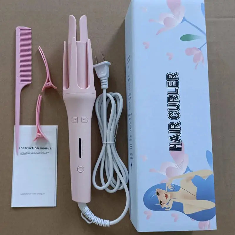 Simples Market pink automatic hair curler with attachments, power cord and instruction manual