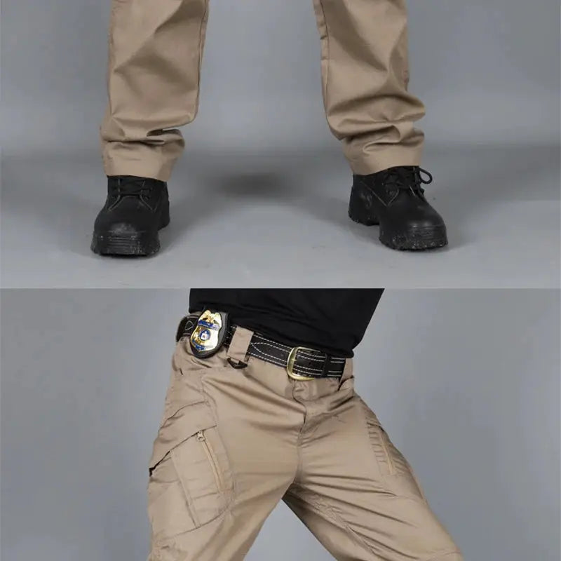 Men's tan tactical cargo pants by Simples Market with multiple pockets and belt loops, plus size 6XL