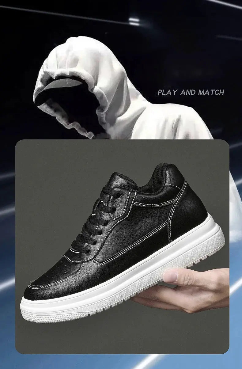 Black leather men’s elevator sneakers with white sole, casual sports shoes