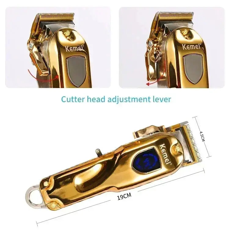 Kemei KM-TX1 hair clipper with gold-silver metal body; rechargeable professional trimmer by Simples Market