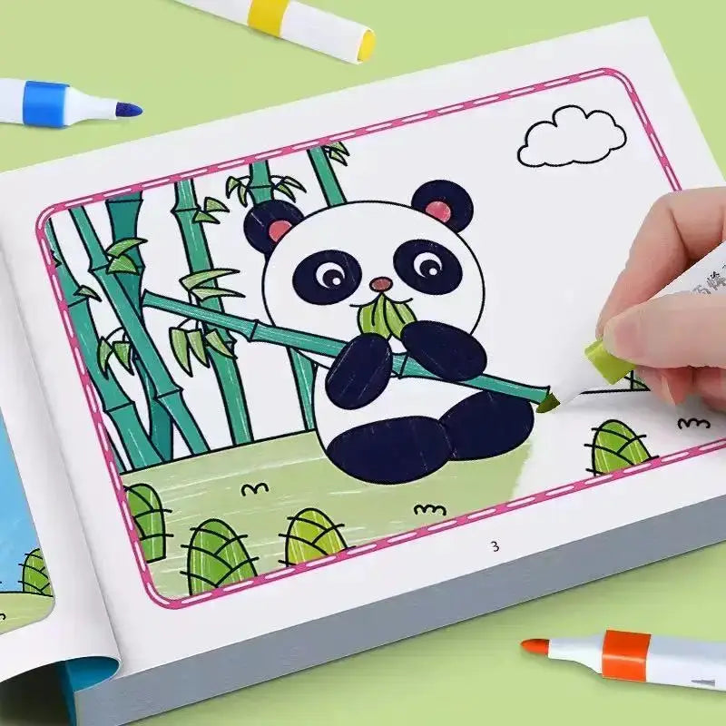 Children's coloring book page featuring a panda with bamboo inside a pink-bordered frame, markers nearby