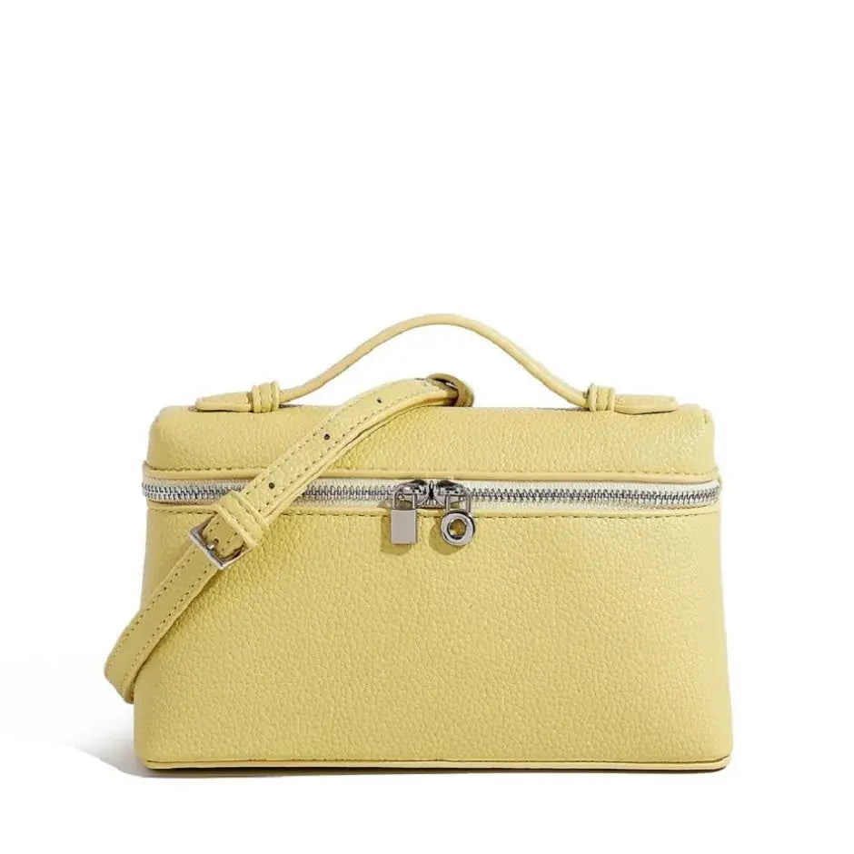 Simples Market yellow lychee-grain pebbled leather mini lunch bag with crossbody strap and top zipper