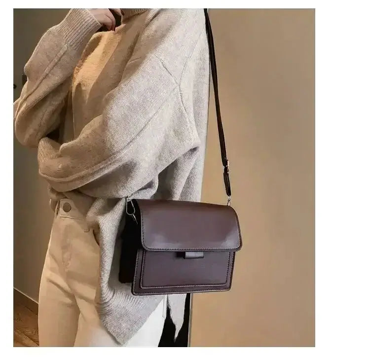 Simples Market women's PU leather crossbody bag with flap, dark brown, compact travel messenger