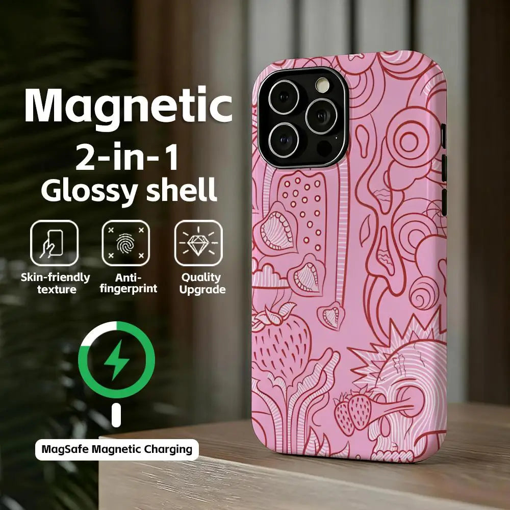 M-MonsterES pink glossy 2-in-1 phone case with abstract art for iPhone 11–17 series, MagSafe charging