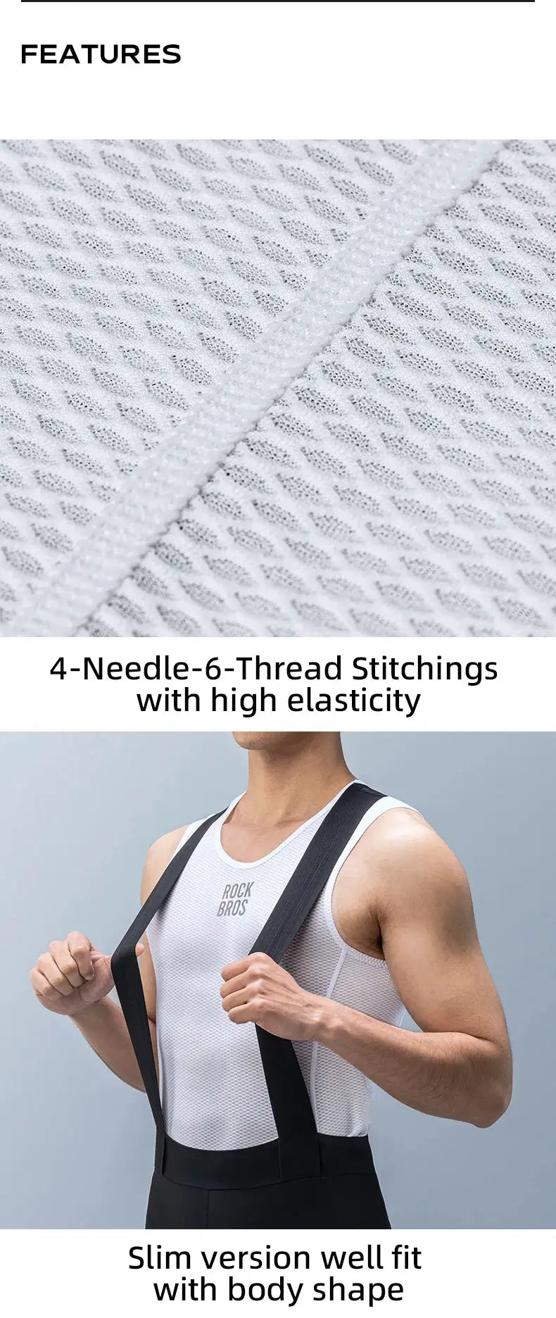 ROCKBROS bike vest; breathable white mesh, quick-dry fabric, elastic 4-needle-6-thread stitching; men's sleeveless