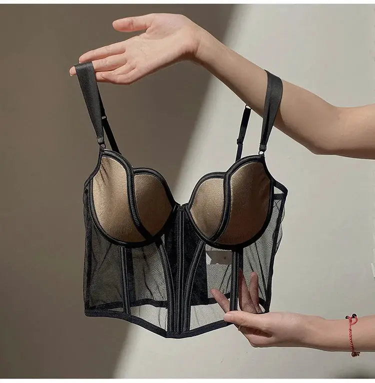 Simples Market Meet'r push-up bra, black mesh longline with beige cups
