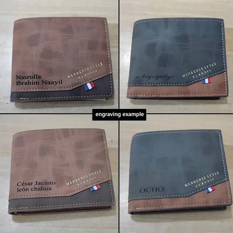 Set of 4 men's slim frosted leather wallets in brown and gray with contrast stitching and small tricolor flag ribbon