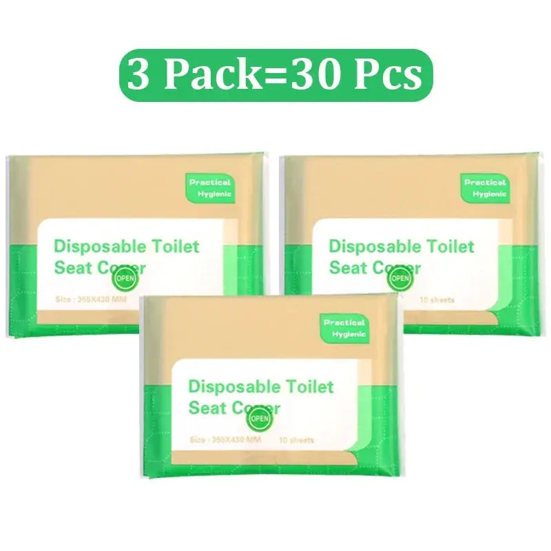 Disposable toilet seat covers by Simples Market, 3-pack (30 sheets), beige and green waterproof soluble packaging.