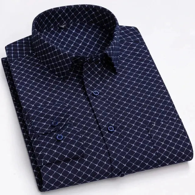 Men's navy plaid long-sleeve shirt with button-front.