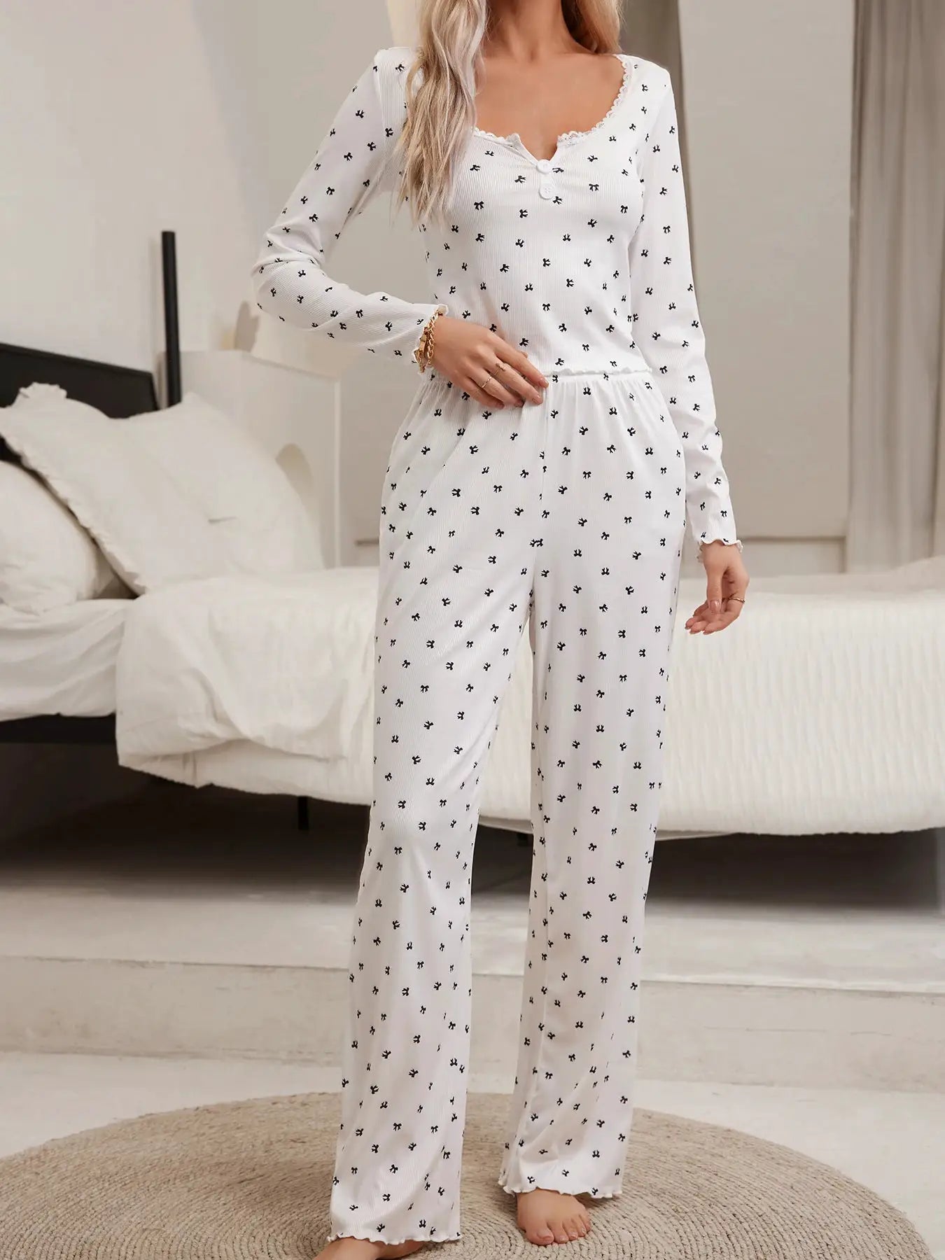CosyNest Sleepwear Bowknot Print Lettuce Trim Top With Long Pant Autumn Cozy Rib Knit Loungewear Set