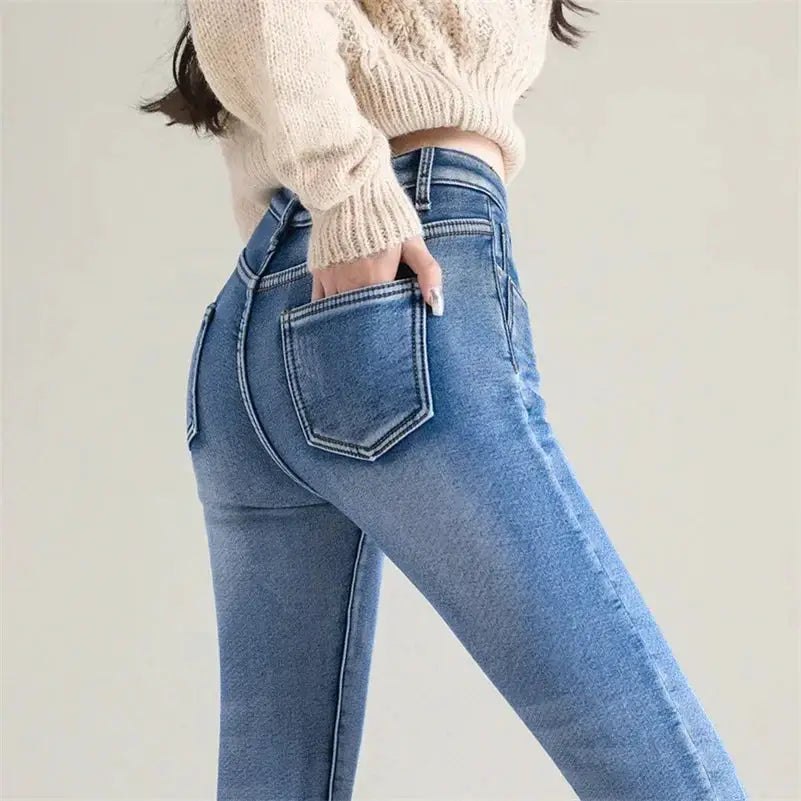 Women Thermal Skinny Jeans With Plush Lining Warm Winter Denim Pants