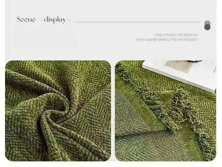 Chenille sofa towel by Simples Market in green with tassel-edge detailing