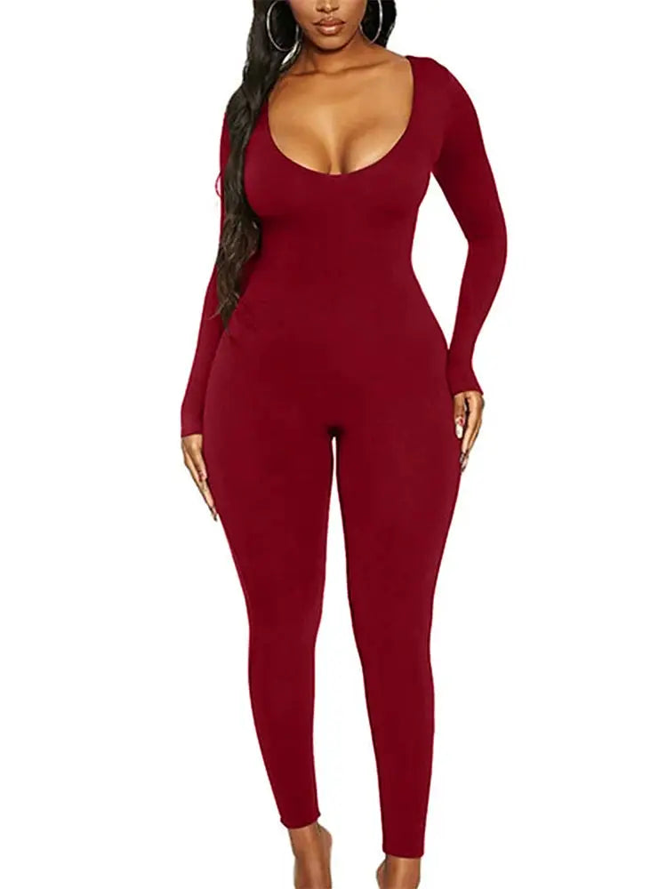 Women's burgundy long-sleeve skinny jumpsuit, pull-on style, solid color