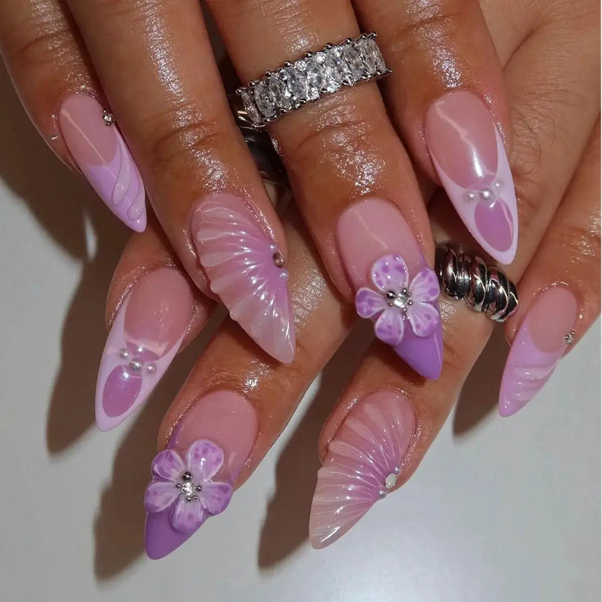 GlamNail Pink Almond Press On Nails Full Coverage Carved Flower 3D Ripple French Tips Golden Pearl Finish