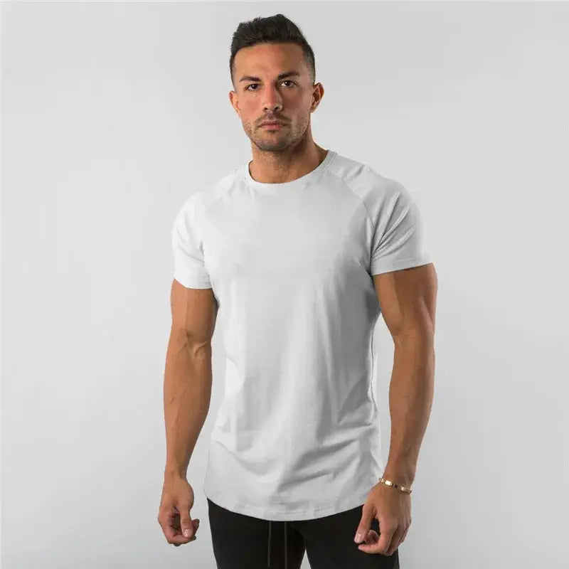 Men's white cotton short-sleeve T-shirt, slim-fit gym top