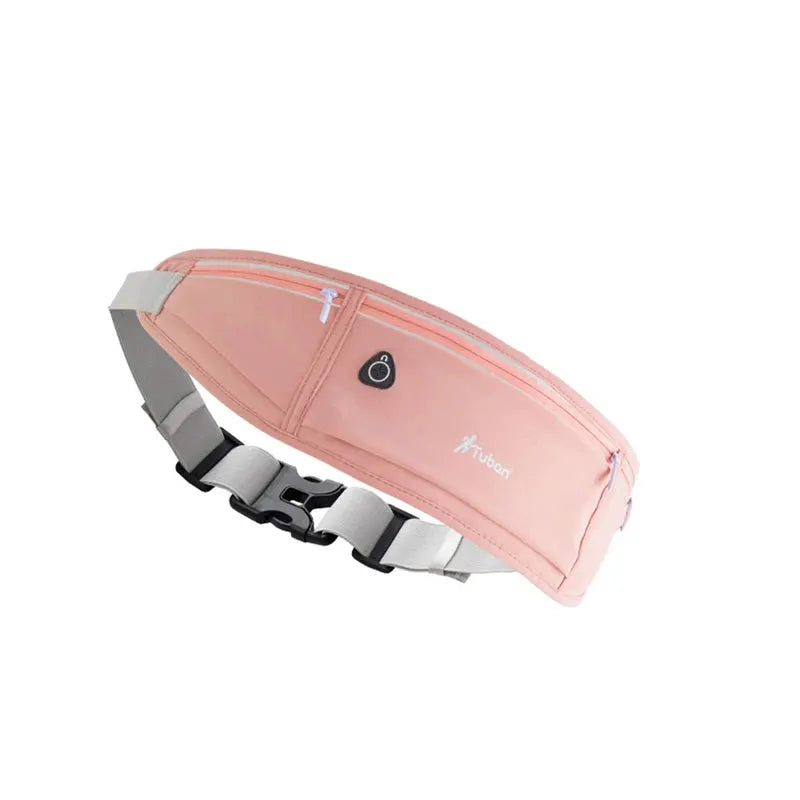 Waist pack pink waterproof with gray adjustable strap and front zipper pocket