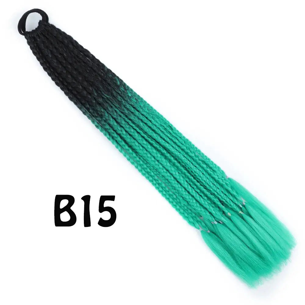 Synthetic gradient braided ponytail extension with elastic band, black to teal ombre, 24 inches long