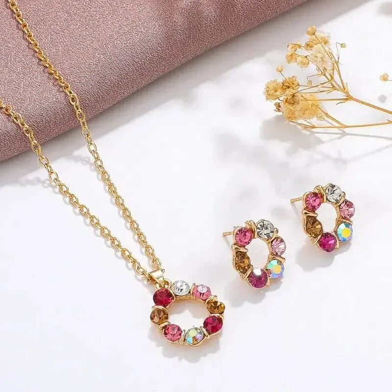 3 Piece Gold Necklace and Earrings Set for Ladies Celebrity Style Exquisite Stained Glass Diamond Circle Jewelry
