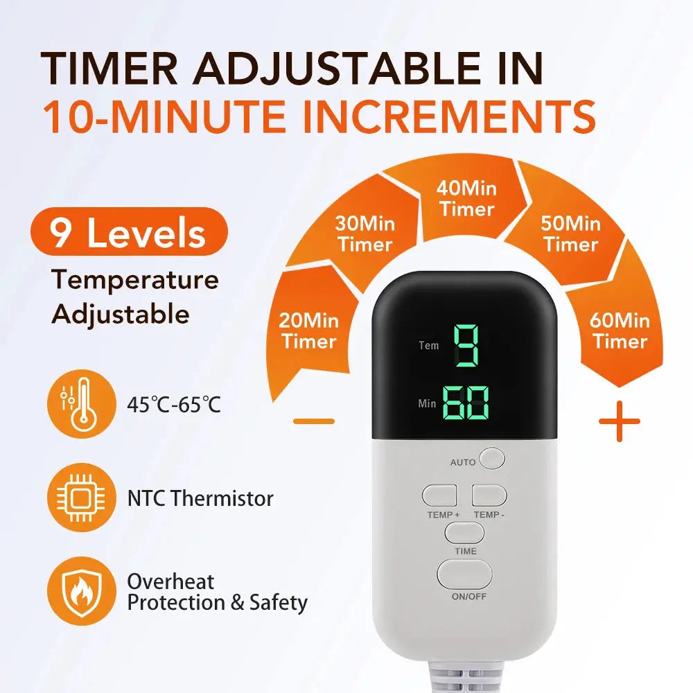 Simples Market 10-level electric hair heating cap with adjustable timer, white and black design, safety features