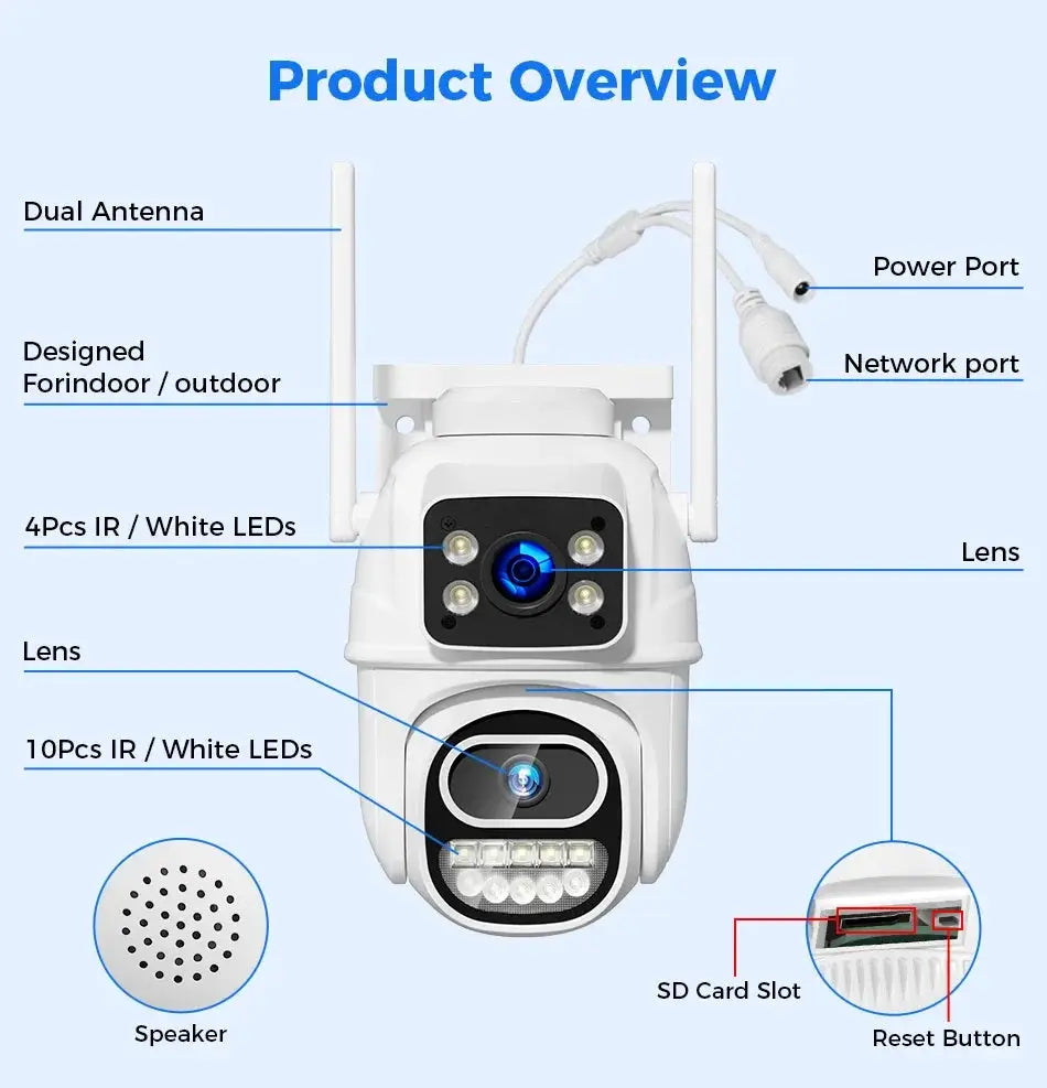 360° WiFi security camera by Simples Market, white outdoor waterproof with dual antennas, IR LEDs and SD card slot
