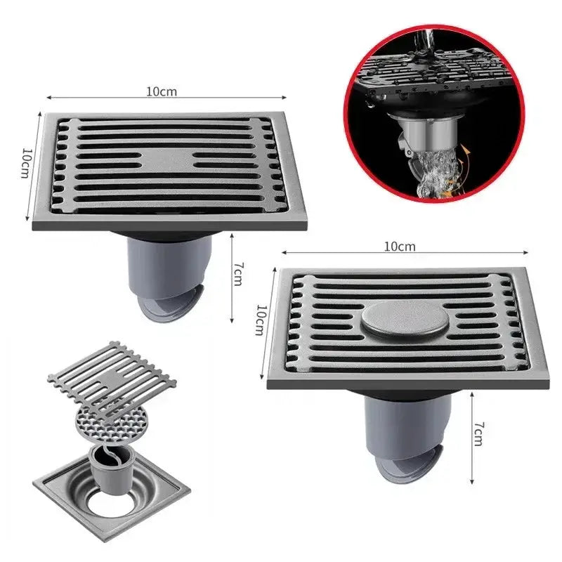 Simples Market pair of stainless steel square floor drains with removable covers, 10 cm, anti-odor bathroom/laundry drains