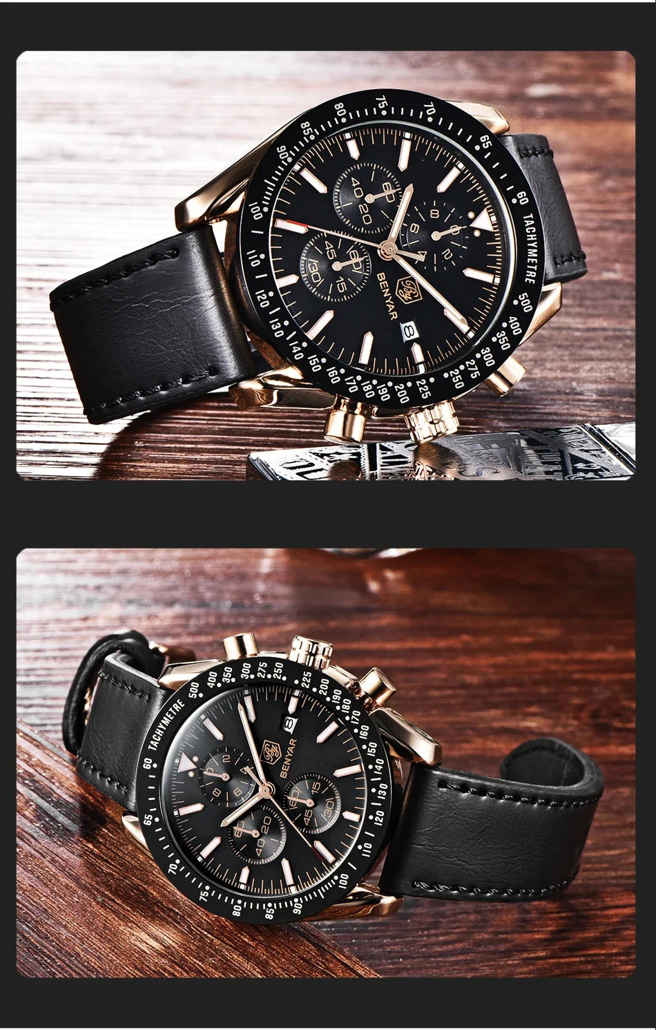 BENYAR men's luxury chronograph wristwatch with black dial, gold-tone stainless steel case, and black leather strap
