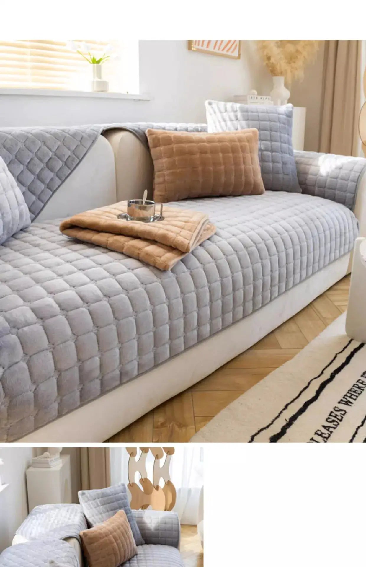 Plush plaid velvet sofa cushion cover set, grey with tan accents, non-slip universal fit