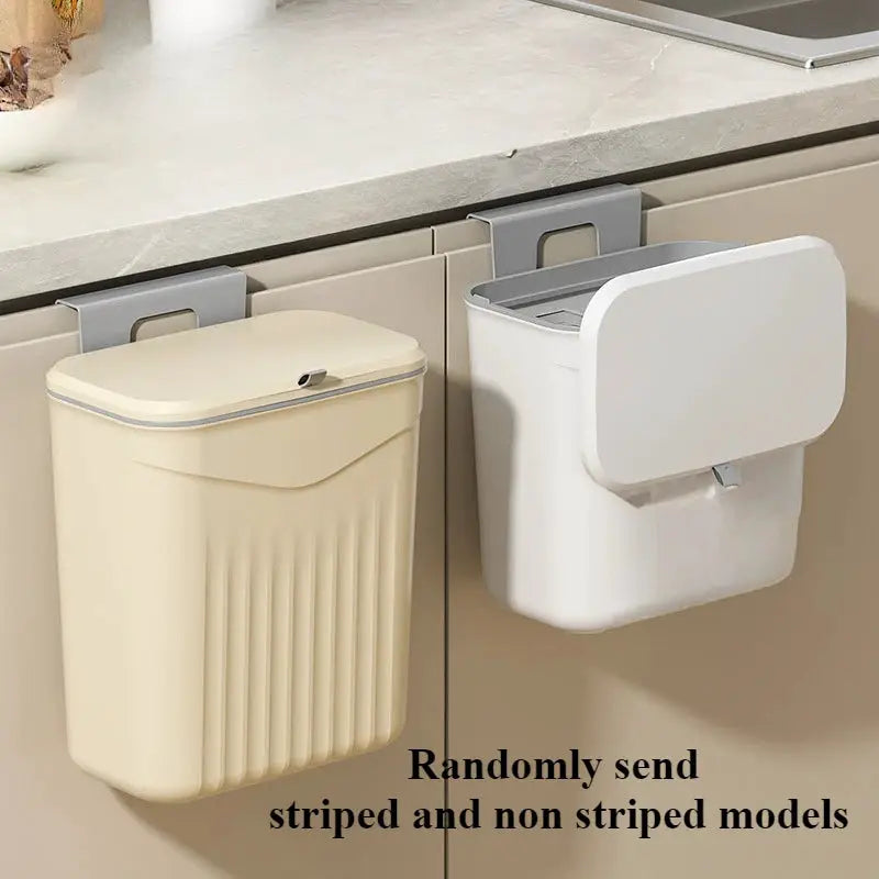 Wall-mounted kitchen trash bin set (2) in beige and white; durable plastic by Simples Market.