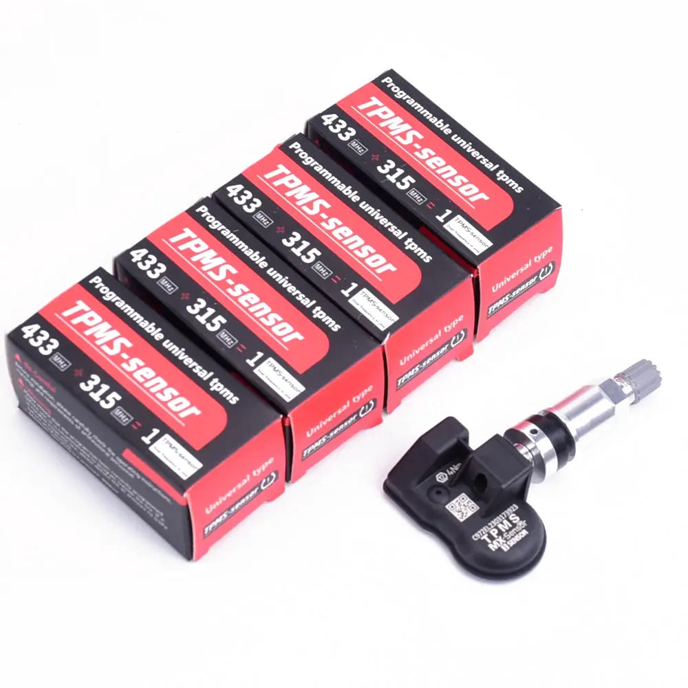 Five TPMS universal tire pressure sensor boxes with a black programmable car sensor (315/433MHz)