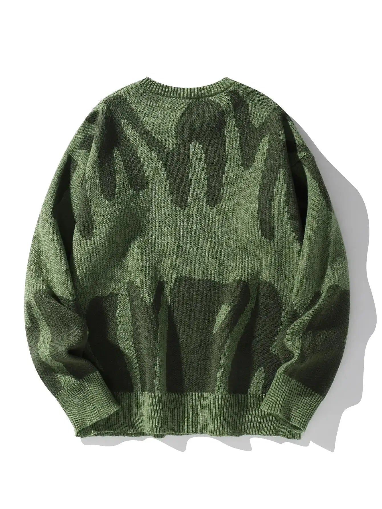 Men's green camouflage knit pullover sweater with round neck