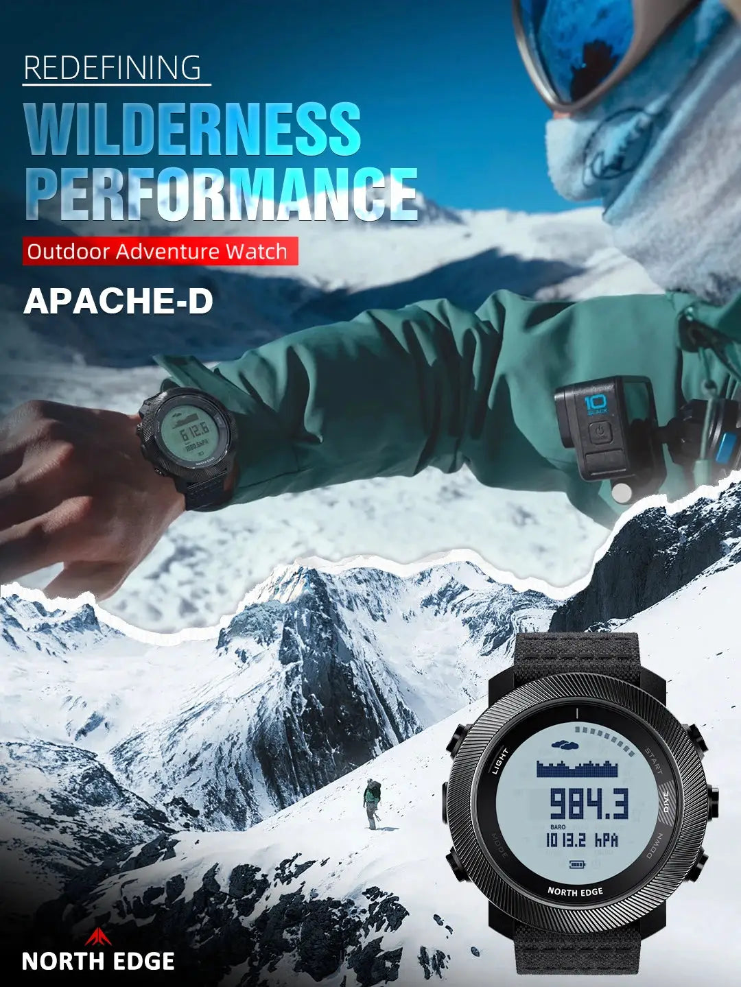 North Edge Apache-D Free-Dive digital dive watch for men, black strap, 100m waterproof with barometer and compass