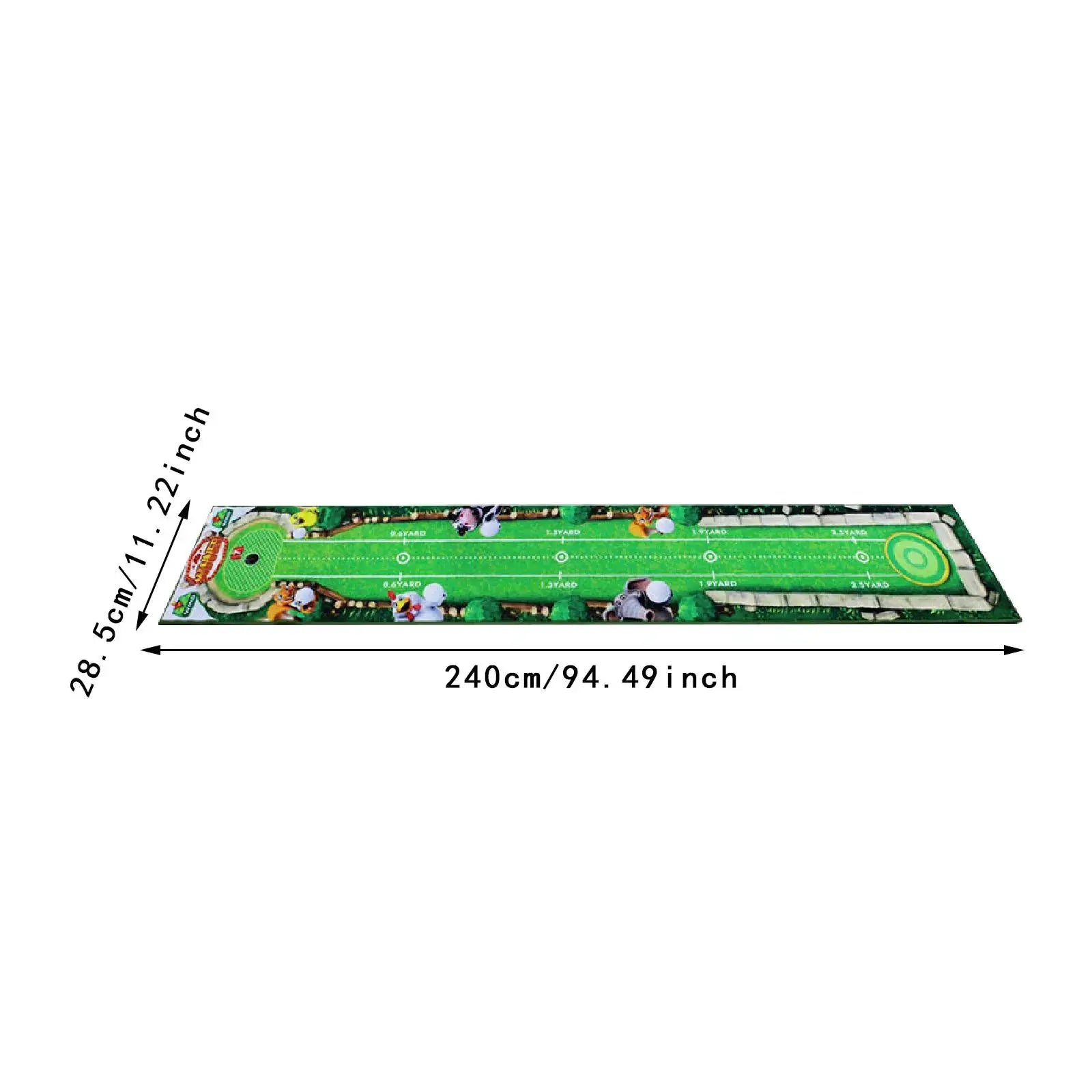 Golf putting mat, long green portable home lawn training aid, 240 cm long with hole targets.