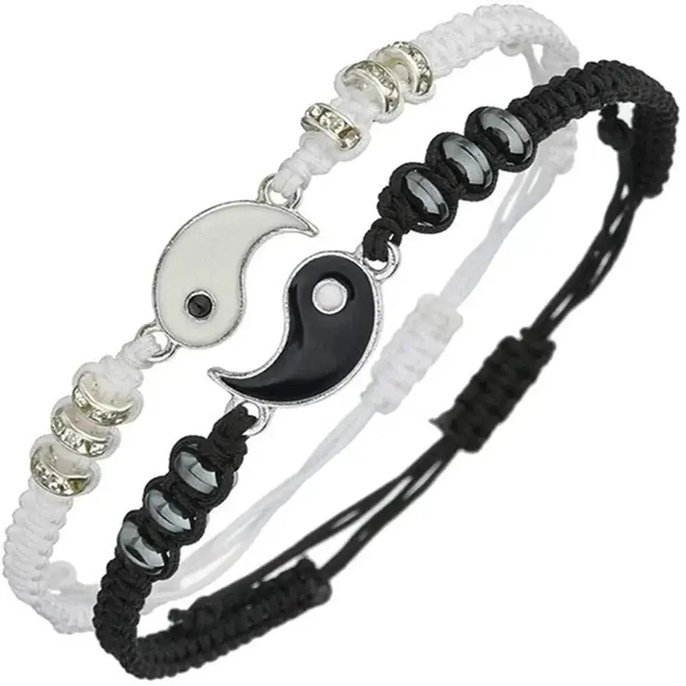 Two Piece Yin Yang Tai Chi Bracelet Set For Couples Rope Chain Adjustable Daily Wear Jewelry Black White