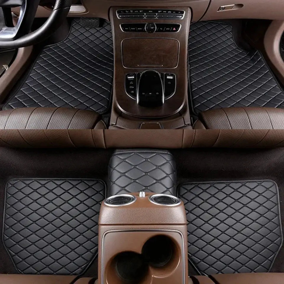 Car floor mats 5Pcs set by Simples Market, black PU leather, waterproof, diamond-stitched for front and rear