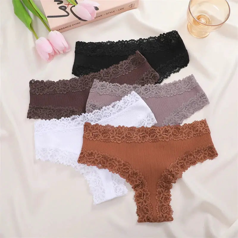 5-pcs set women's cotton panties with floral lace trim in black, brown, taupe, white and camel