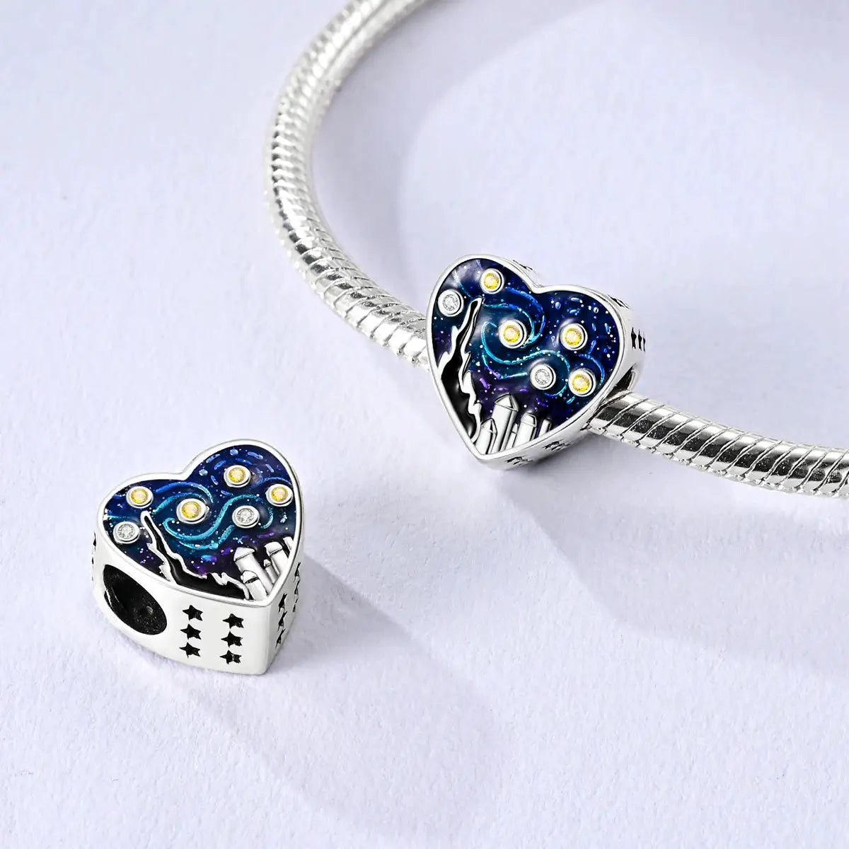 Van Gogh Starry Night heart charm beads in 925 silver with blue enamel for bracelets, two charms by Simples Market