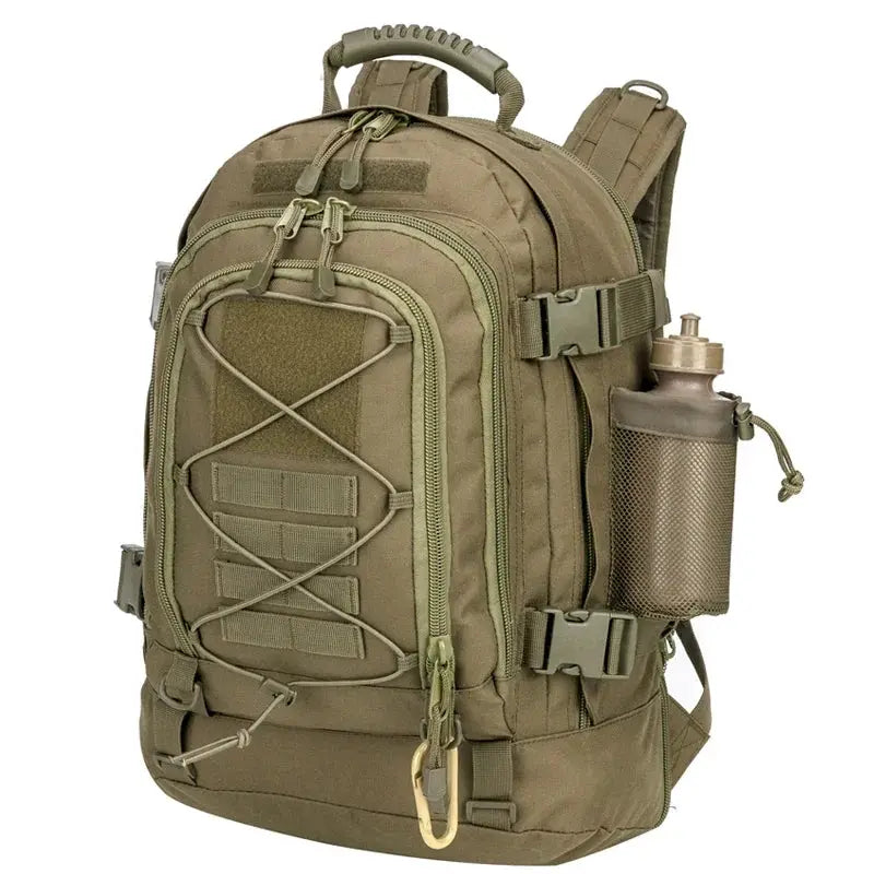 Large capacity outdoor tactical backpack 40L-65L in olive green with MOLLE front and side water bottle holder
