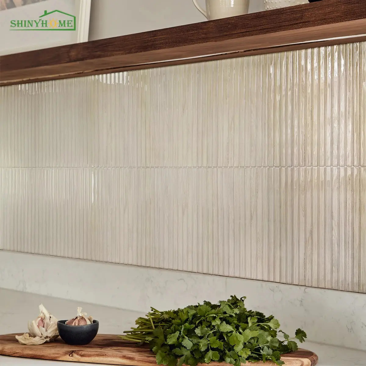 Wood-grain peel-and-stick backsplash tile in beige with vertical ribbed texture; Shiny Home logo visible