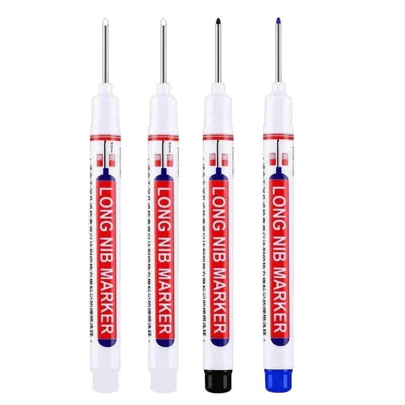 4-piece long nib marker set with white bodies and red labels, blue/black tips