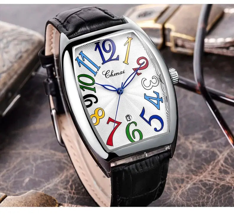 CHENXI men's watch with curved glass, colorful numerals, black leather strap, date window