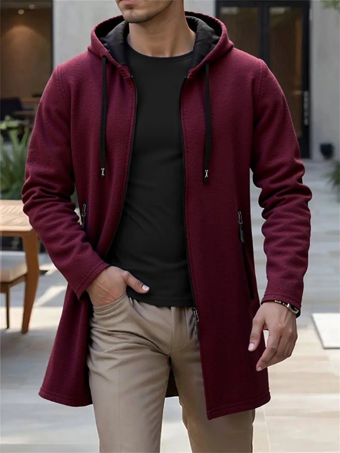 Men's burgundy hooded knit long jacket with black lining, zip pockets, Simples Market