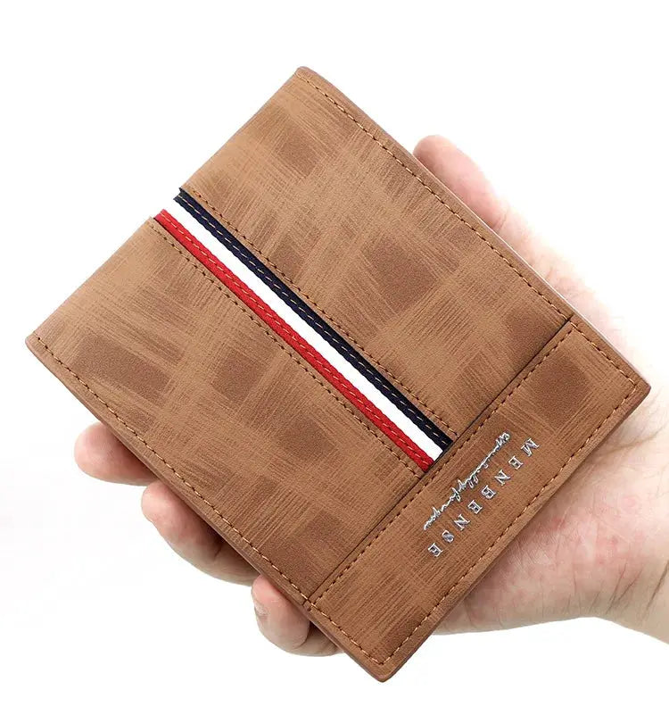 Luxury slim short men's wallet in brown PU leather with coin pocket and red, white, blue stripe