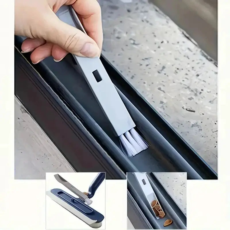 Glass cleaning brush with squeegee and small brush; telescopic double-sided tool for glass walls and floors, gray plastic.